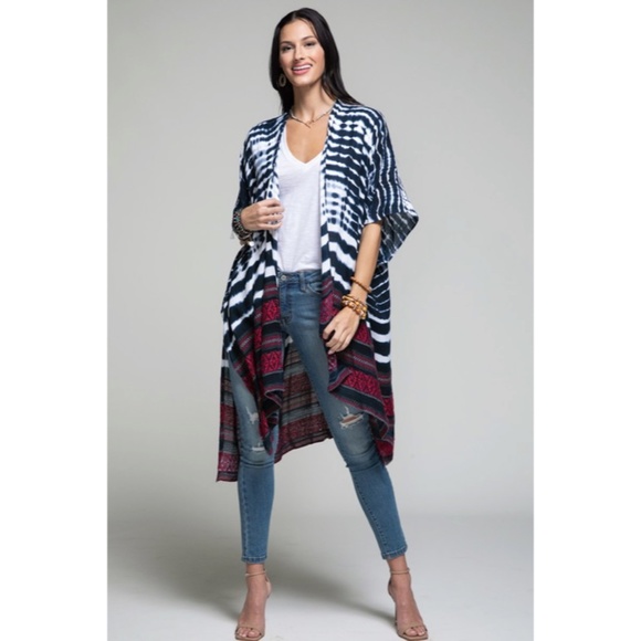 SOLD OUT Indigo Tie Dye Jacquard Ethnic Boho Bohemian Motif Open Kimono Wrap - Picture 7 of 7